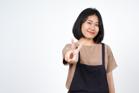 Showing Peace Sign of Beautiful Asian Woman Isolated On White Backgroundの写真素材