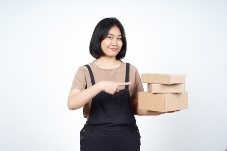 Holding Package Box or Cardboard Box of Beautiful Asian Woman Isolated On White Backgroundの写真素材