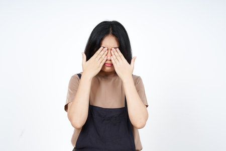 Covering Eye of Beautiful Asian Woman Isolated On White Background