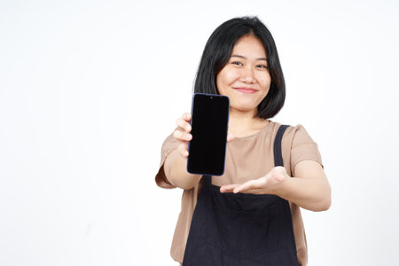 Showing Apps or Ads On Blank Screen Smartphone of Beautiful Asian Woman Isolated On White Backgroundの写真素材