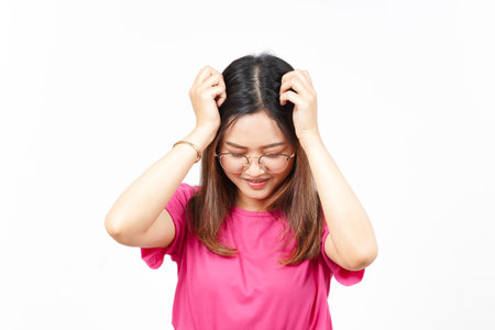 Suffering Headache Gesture of Beautiful Asian Woman Isolated On White Background