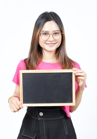 Showing, Presenting and holding Blank Blackboard Of Beautiful Asian Woman Isolated On White