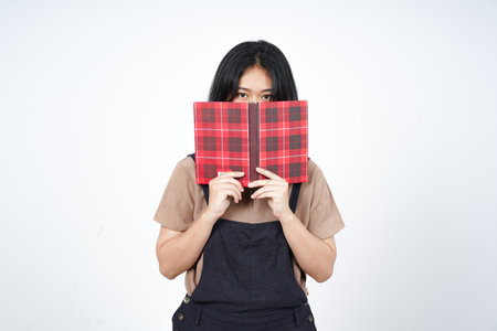 Asian woman holding a red checkered plaid shirt on white background