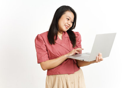 Standing and Working With Laptop Of Beautiful Asian Woman Isolated On White Background