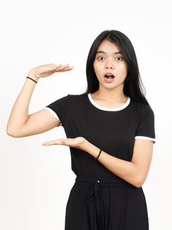 Measuring and Showing Big Sign Product Of Beautiful Asian Woman Isolated On White Background