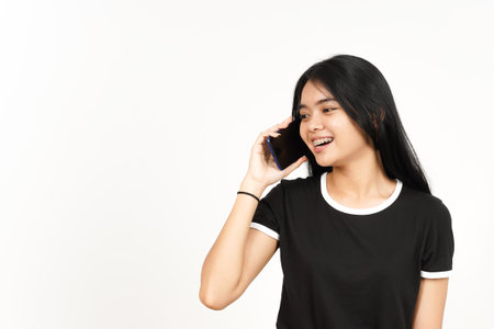 Make a Phone Call Using smartphone with happy face Of Beautiful Asian Woman Isolated On Whiteの写真素材