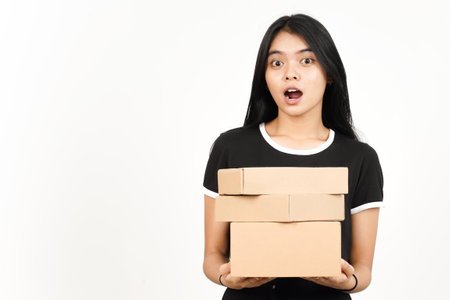 Holding Package Box or Cardboard Box Of Beautiful Asian Woman Isolated On White Backgroundの写真素材