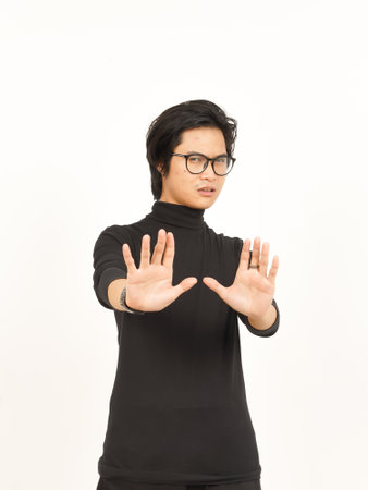 Stop and Rejection Gesture Of Beautiful Asian Man Isolated On White Background