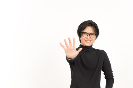 Showing count Five finger Of Handsome Asian Man Isolated On White Backgroundの写真素材