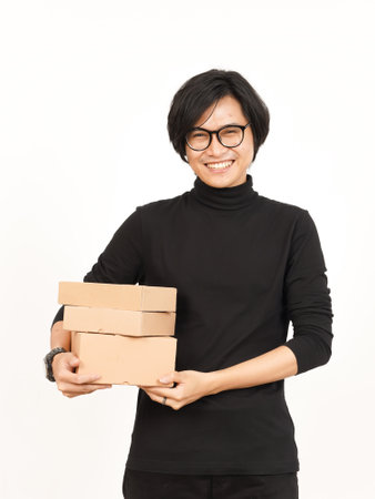 Holding Package Box or Cardboard Box Of Handsome Asian Man Isolated On White Backgroundの写真素材