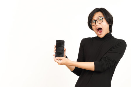 Showing Apps or Ads On Blank Screen Smartphone Of Handsome Asian Man Isolated On White Backgroundの写真素材