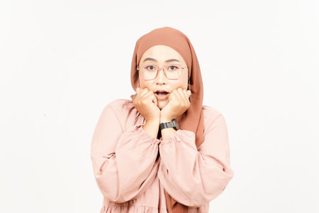 Wow Shock Face Expression of Beautiful Asian Woman Wearing Hijab Isolated On White Background