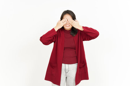 Covering Eyes With Hand Of Beautiful Asian Woman Isolated On White Background