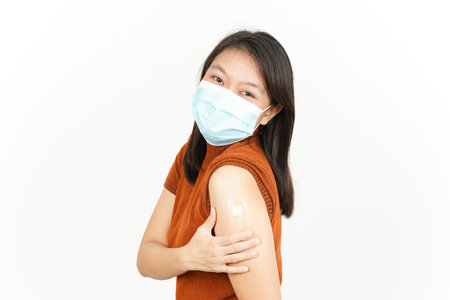 Wearing Mask And Get Virus Vaccine Of Beautiful Asian Woman Isolated On White Background