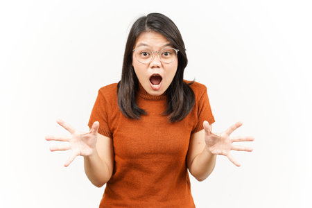 WOW Shocked Face Of Beautiful Asian Woman Isolated On White Backgroundの写真素材