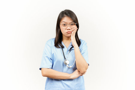 Boring Gesture Of Asian Young Doctor Isolated On White Backgroundの写真素材