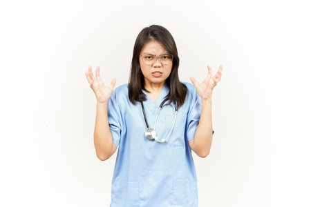 Angry Gesture Of Asian Young Doctor Isolated On White Backgroundの写真素材