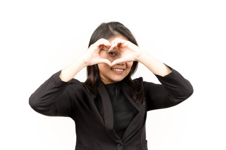 Showing Love Sign Of Beautiful Asian Woman Wearing Black Blazer Isolated On White Backgroundの写真素材