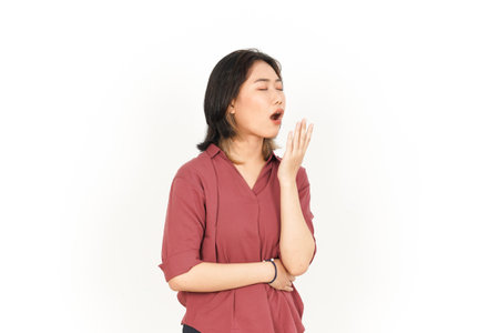Sleepy and Yawning Of Beautiful Asian Woman Isolated On White Backgroundの写真素材