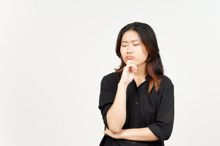 Thinking gesture of Beautiful Asian Woman Isolated On White Backgroundの写真素材
