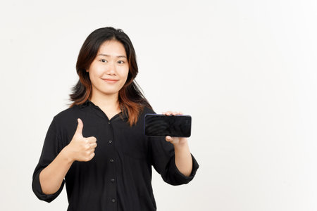 Showing Apps or Ads On Blank Screen Smartphone of Beautiful Asian Woman Isolated On White Backgroundの写真素材