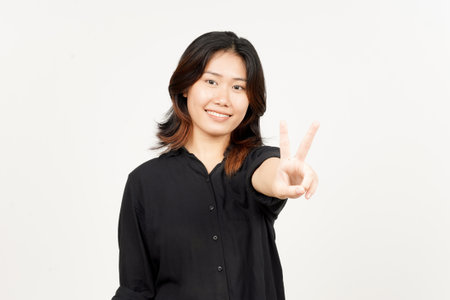 Showing peace sign of Beautiful Asian Woman Isolated On White Backgroundの写真素材