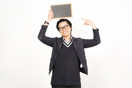 Young asian business man holding a blackboard on white background.