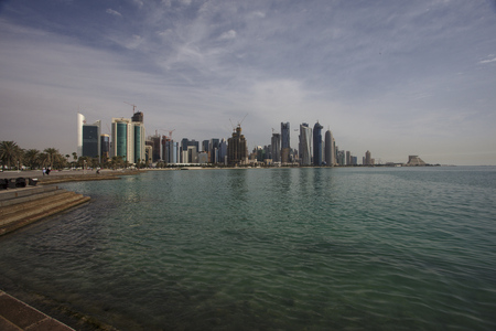 Doha new city skyline from corniche roadのeditorial素材