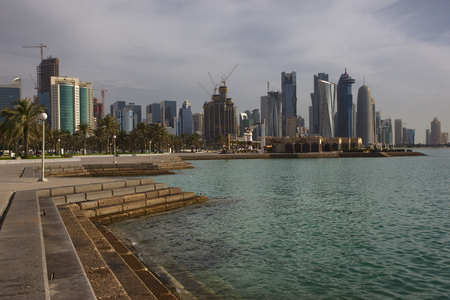 Doha new city skyline from corniche roadのeditorial素材