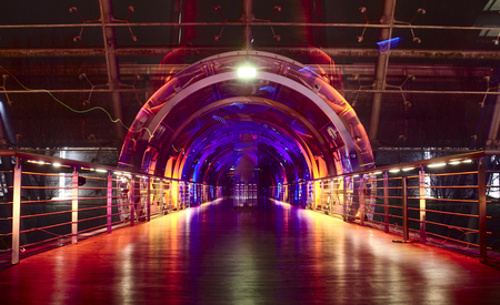 Leipzig/Germany - December 26 2018: Interior of the leipzig conference center colorful illumination at nightの写真素材