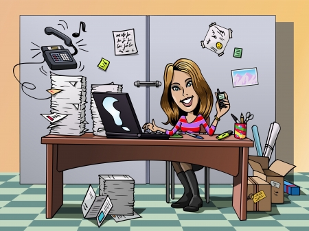 Cartoon-style illustration: a busy smiling young employee in her office, working hardの写真素材