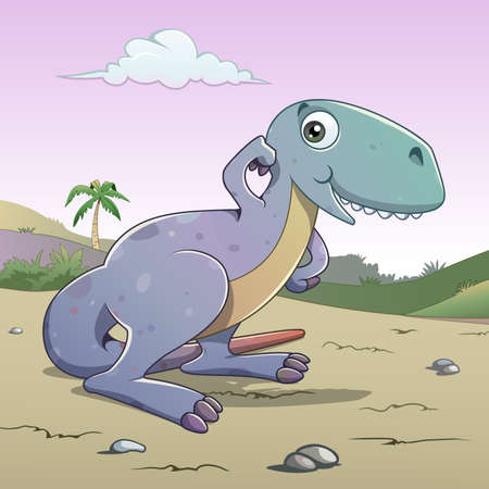 Cartoon style illustration of a funny and cute smiling Tyrannosaurus Rex Purple sky with cloud Vegetation and a palm tree on the backgroundのイラスト素材