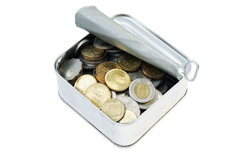 Coins in a tin can isolated on white.