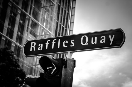 Raffles Quay road sign in black and whiteのeditorial素材