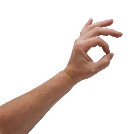 an isolated over white caucasian man's hand in the world known signal for OK, fine etc の写真素材