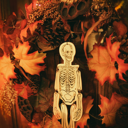 Halloween wreath with skeleton hanging on a front doorの写真素材