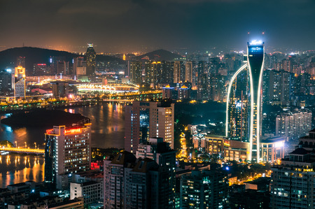 Aerial shot of Xiamen cityscape at night