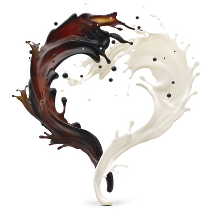 Design element. Brown coffee and white cream milk splashes moving to each other in shape of heart as symbol of loveの写真素材