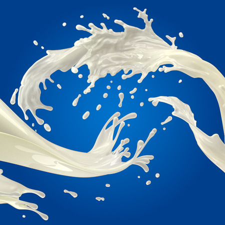 abstract white glossy fat milk splashes on blue backgroundの写真素材
