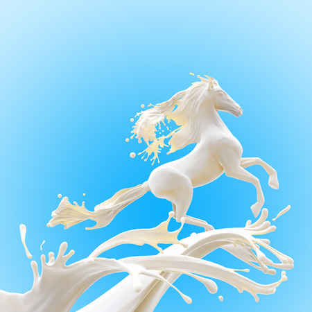 Food design element on blue background. Liquid horse made of fat glossy milk running making splashes.の写真素材