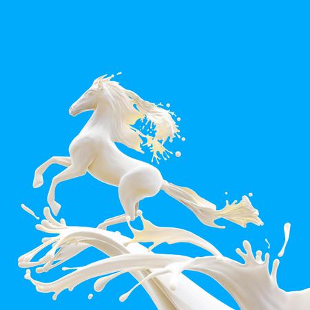 Food design element on blue background. Liquid horse made of fat glossy milk running making splashes.の写真素材