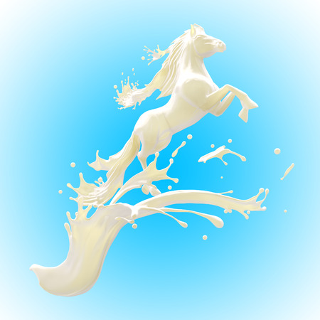 Food design element on blue background. Liquid horse made of fat glossy milk running making splashes.の写真素材