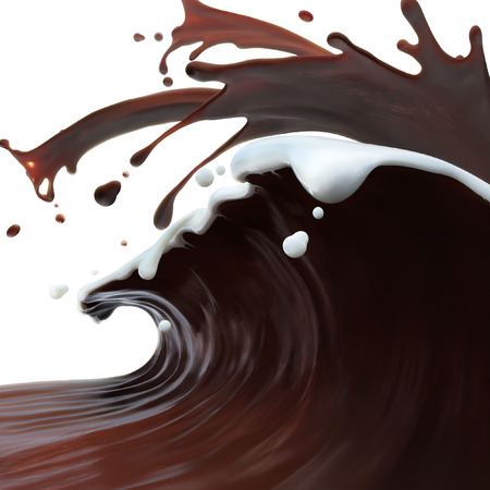 splashed brown coffee chocolate wave and white cream milk on topの写真素材