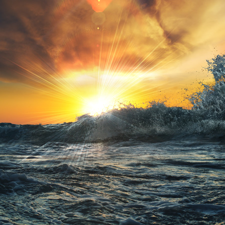 Nice beautiful sunrise with shorebreak seaview and breaking wavesの写真素材