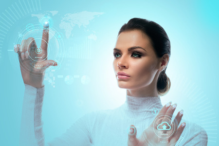 Future technology Virtual Holographic interface. Hi-tech Girl touching screen. Business Young lady...
