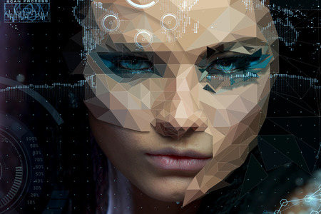 Low poly abstract Mixed Photo And Digital Portrait of a beautiful girl. Cybernetic Futuristic...