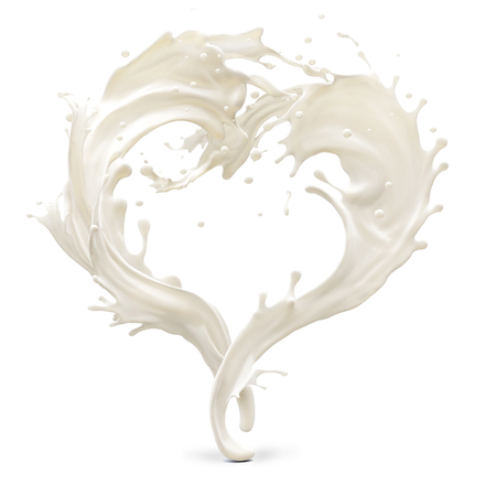 Design element. Brown coffee and white cream milk splashes moving to each other in shape of heart as symbol of loveの写真素材