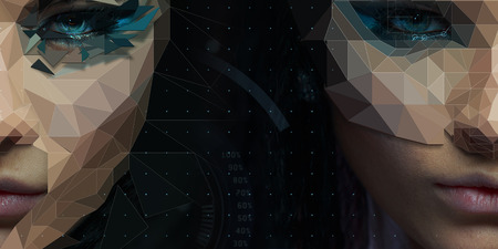 Low poly abstract Two sided portrait of a beautiful girl. Cybernetic Futuristic Concept for your Design.の写真素材