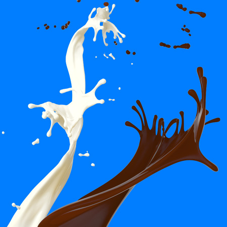 brown coffee chocolate and white cream milk splashes mixed and blended each otherの写真素材