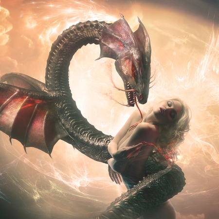 Blonde model standing with closed eyes and dragon wrapped up around her in fantasy world against bright cloudy backgroundの写真素材